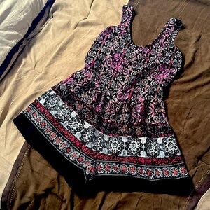Xhilaration Black Floral Romper with Pink Accents